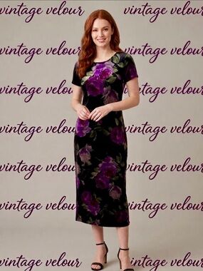 Vintage I.N. Studio San Francisco Floral Stretch Velvet Dress Size 8 Made in USA